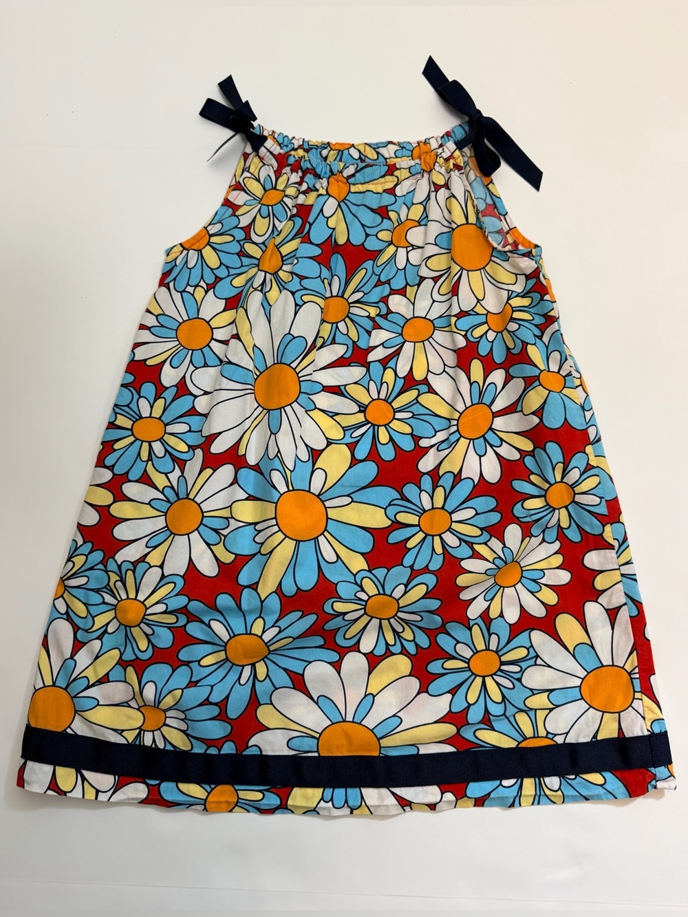 Hanna Andersson Red Floral Daisy Blue Yellow Accents Ribbon Tie Shoulder Dress